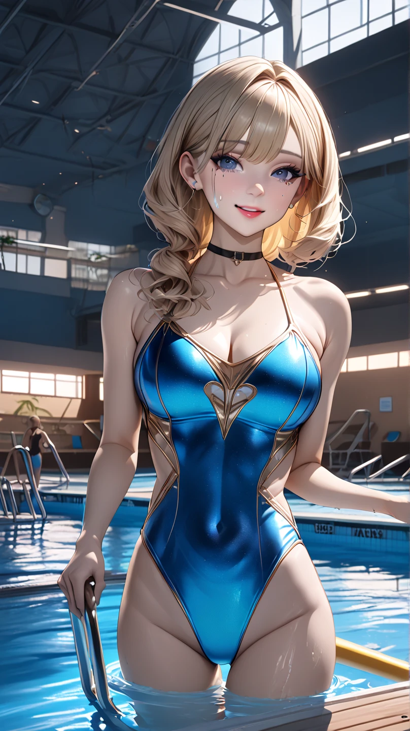 (five fingers:1.5), extremely detailed CG, super detailed skin, perfect anatomy, dynamic lighting, beautiful detailed eyes, (1girl:2), Outstanding smile、 teenage woman、Japanes、huge breast、short hair、(Shiny skin:1.4)、sexy pose, Esbian all over、(High leg swimsuit:1.2), (Reflection of light:1.4), High leg panties,