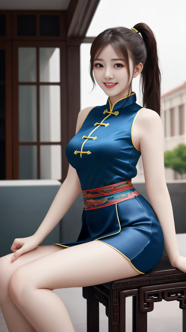 Masterpiece, highest quality, 8k, hdr, (head to toe:1.4), digital illustation of a young chinese woman standing proudly, well-endowed, stunning body and face, smiling mysteriously at viewer, expensive traditional clothes, hair adornments, discrete jewelry, imperial city, intricate details, at dusk, lighting from lanterns and sunset coming from outside the frame, realistic lighting, dynamic colors from lighting