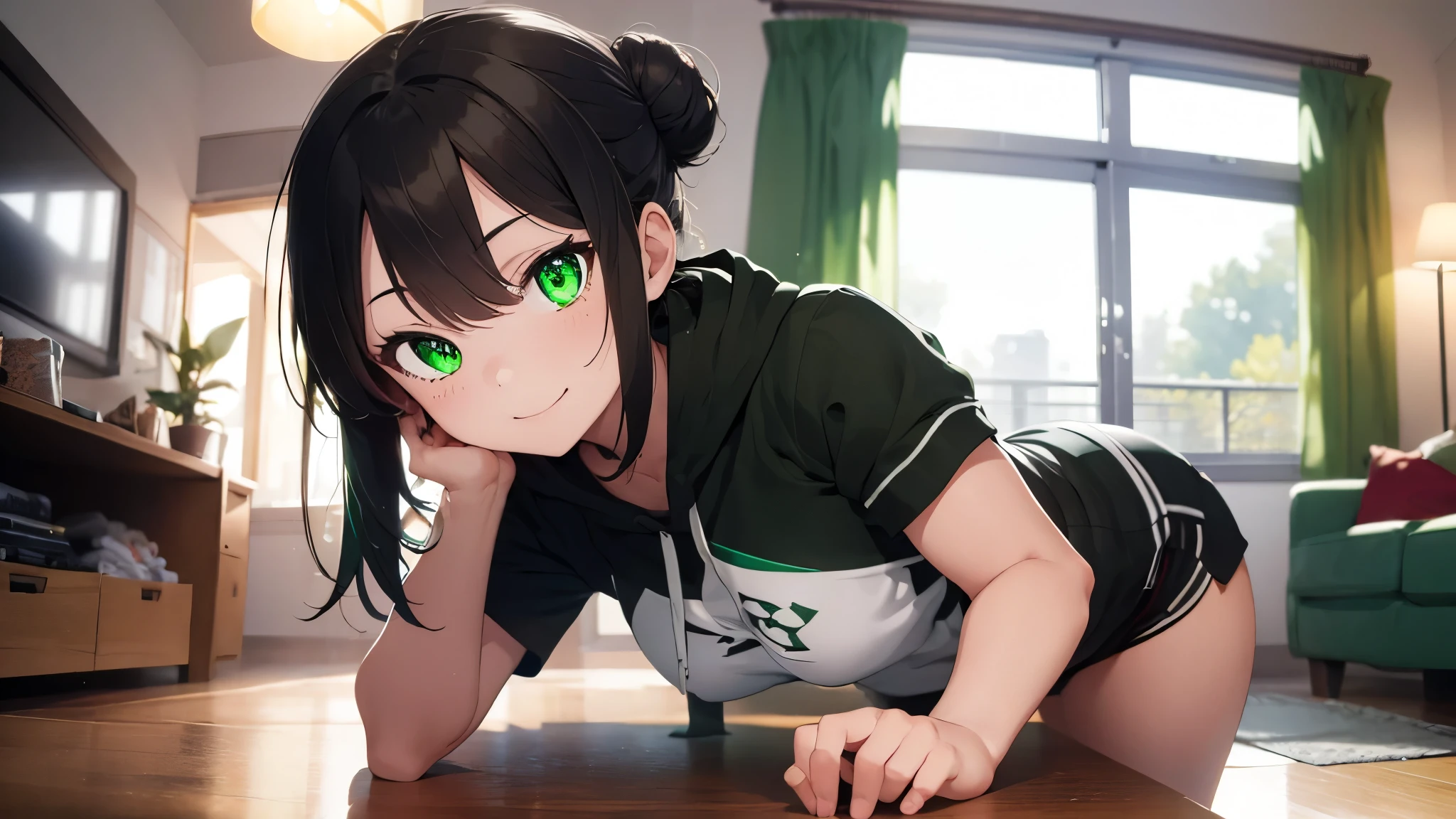 POV amazoness girl, laying down on the bed, tanned, prone position, looking back, sweaty, short messy black hair, cocky smile, blushing, crazy smile, wearing golden jewelry, bang covering one eye, crazy green eyes, serious, wearing a warrior top and skirt, choker, earrings, (best quality:1.2), (absurdres:1.2), (detailed background)