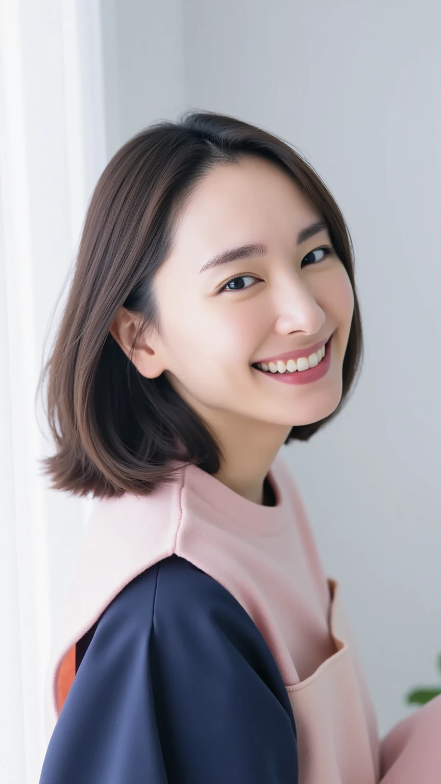 48 years old Big Breasts woman A kind smile Big eyes Front teeth Short Bob Hair Japanese classmate Saggy breasts Sexy appeal