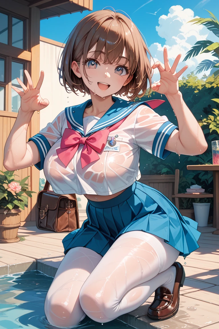 Cute girl, naughty smile, brown hair, light blue T-shirt, panties, big breasts, ribbon, ribbon, bow, 🎀