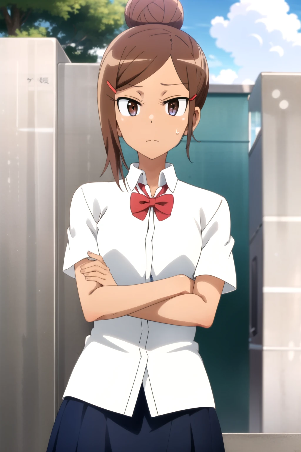 (ayaka uehara), is tall body, is tall, long legs, mature female, mature, adults, simple background
newts_ dumbbells on pers_ is nice, 1 girl, Alone, black cock, brown eyes, school uniform, arm-crossed, hair ornament, Black Skin, dark-skinned women, hair clip, hair is nice, single hair is nice, sweat, bow, shirt, watch viewers, short hair, day, skirt, in gold, white shirt, outdoor, null, Short sleeve, cloud, day焼け, upper body, chest, Anime Coloring