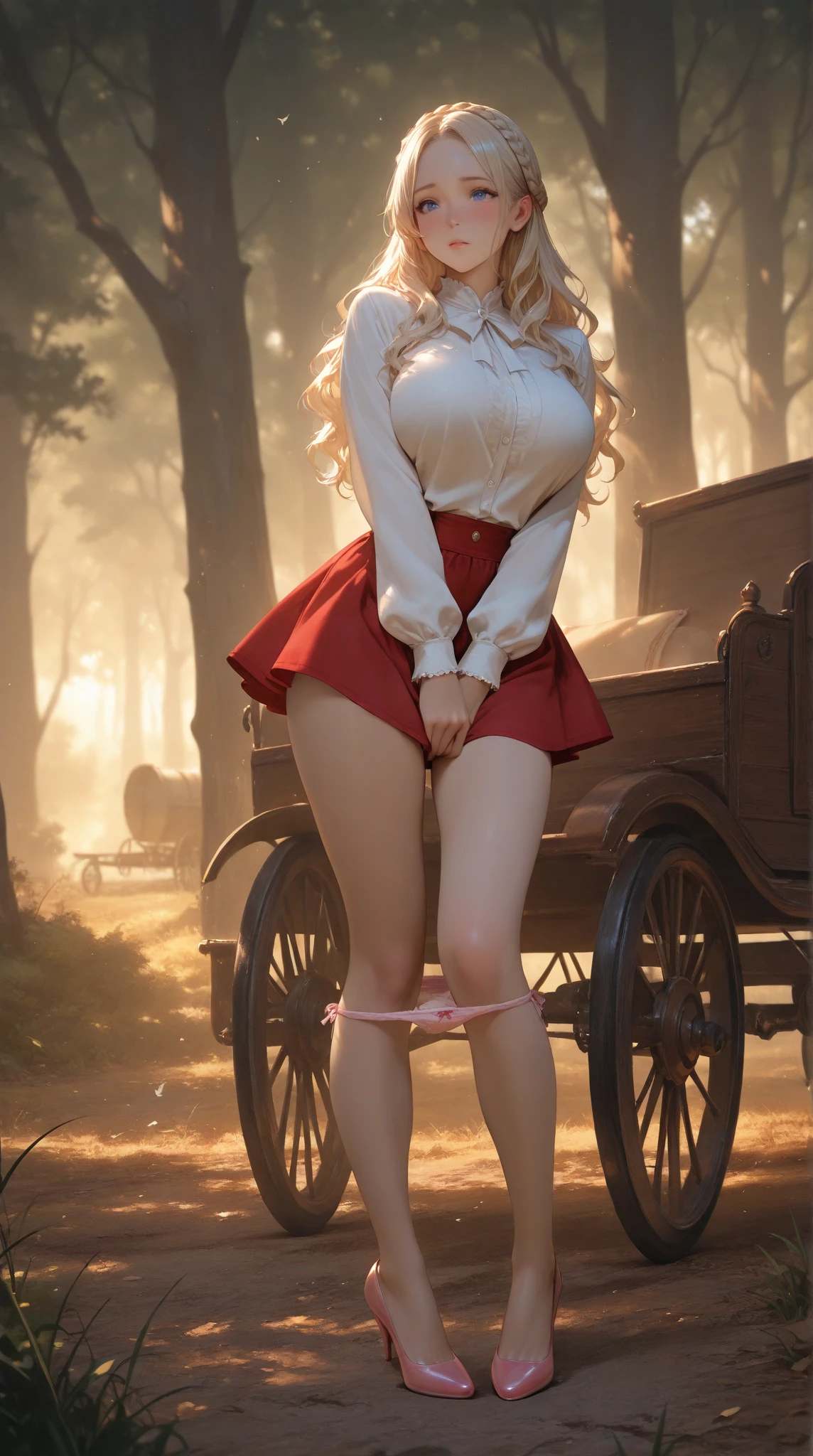 perspective: bollard closer, person farther and behind bollard, (drooping eyes, realistic skin), angle from below, ecstasy, (completely transparent see-through (dirndl) on the naked), straddling to hit her crotch onto an edge of wooden-bollard, masturbation, (thin and cheap panties without decoration), swollen nipples, outside, mountain, redhead,