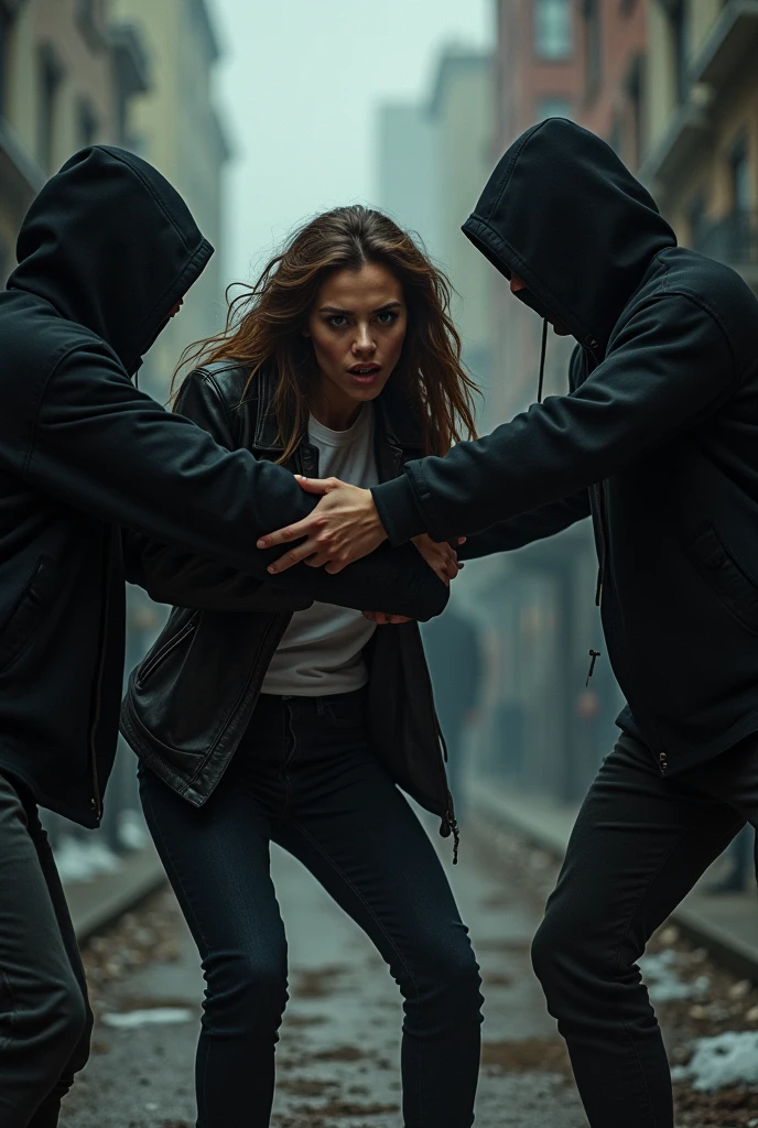 robbers robbing a woman, without weapon, to another person, on the street, during the day
