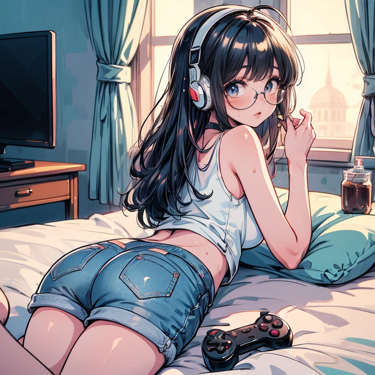 
Full body anime kawaii character, beautifully detailed eyes and lips, long eyelashes, soft and elegant expression. A young woman with a slender and graceful figure, wearing a perfect, sexy and elegant thicc body nice sexy appeal, large breasts and butt. Her face is delicate, with gentle features and a serene aura. (Best quality, 8k, High Resolution, Masterpiece: 1.2) a sexy anime girl with denim shorts is lying on the bed and has headphones in, 1girl, solo, black hair, long hair, ahoge, glasses, shorts, lying, ass, holding game controller, controller, flat screen tv, on stomach, sweat, white top, denim shorts, breasts, from behind, short shorts, denim, choker, headphones, black choker, indoors, bare shoulders, headset, window, curtain, not looking at the viewer, looking at the tv, (masterpiece:1.2), (best quality:1.2), (very aesthetic:1.2), (absurdres:1.2), (detailed background:1.1), (masterpiece:1.2), (detailed clothes:1.2), newest, intricate details, ai-generated, uncensored