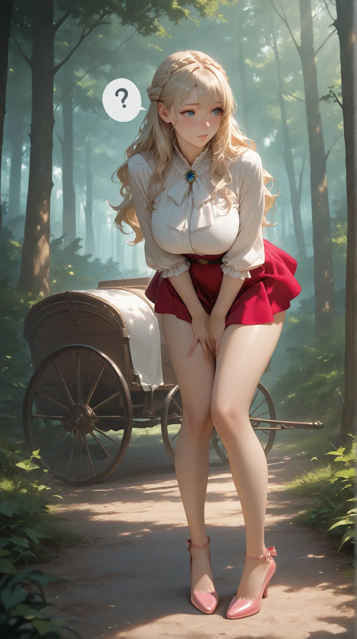 best quality,1girl,((((:1.3)))))),((big breasts:1.3)),curvy,orgasm,blush, sweat,blue eyes,blonde hair,((long hair:1.3)),straight hair,((waist-cape armor,white shirt,red skirt:1.3)),mini skirt,fantasy,((lift skirt,upskirt,lace panties,white panties:1.1)),kneehighs,forest,open shirt,bra