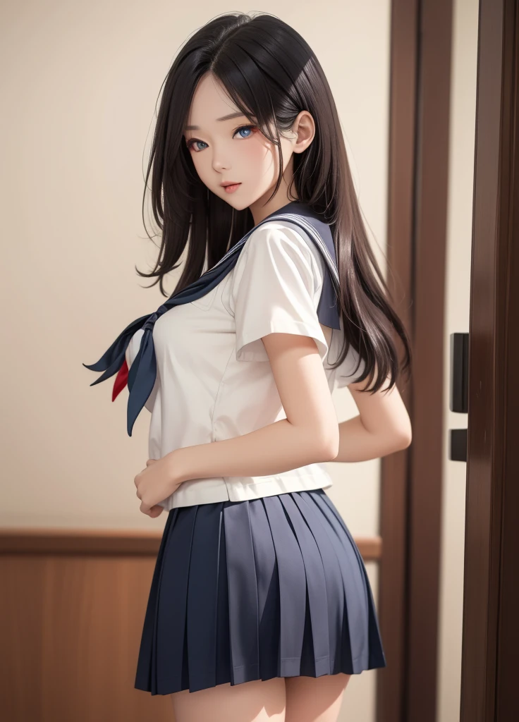 （Very delicate and beautiful：1.2）A young and beautiful woman in a sailor suit、high school girl、big Breasts,big 、Beautiful breasts,Tight waist、Small Ass、Black Hair、bangs、Long Hair、I