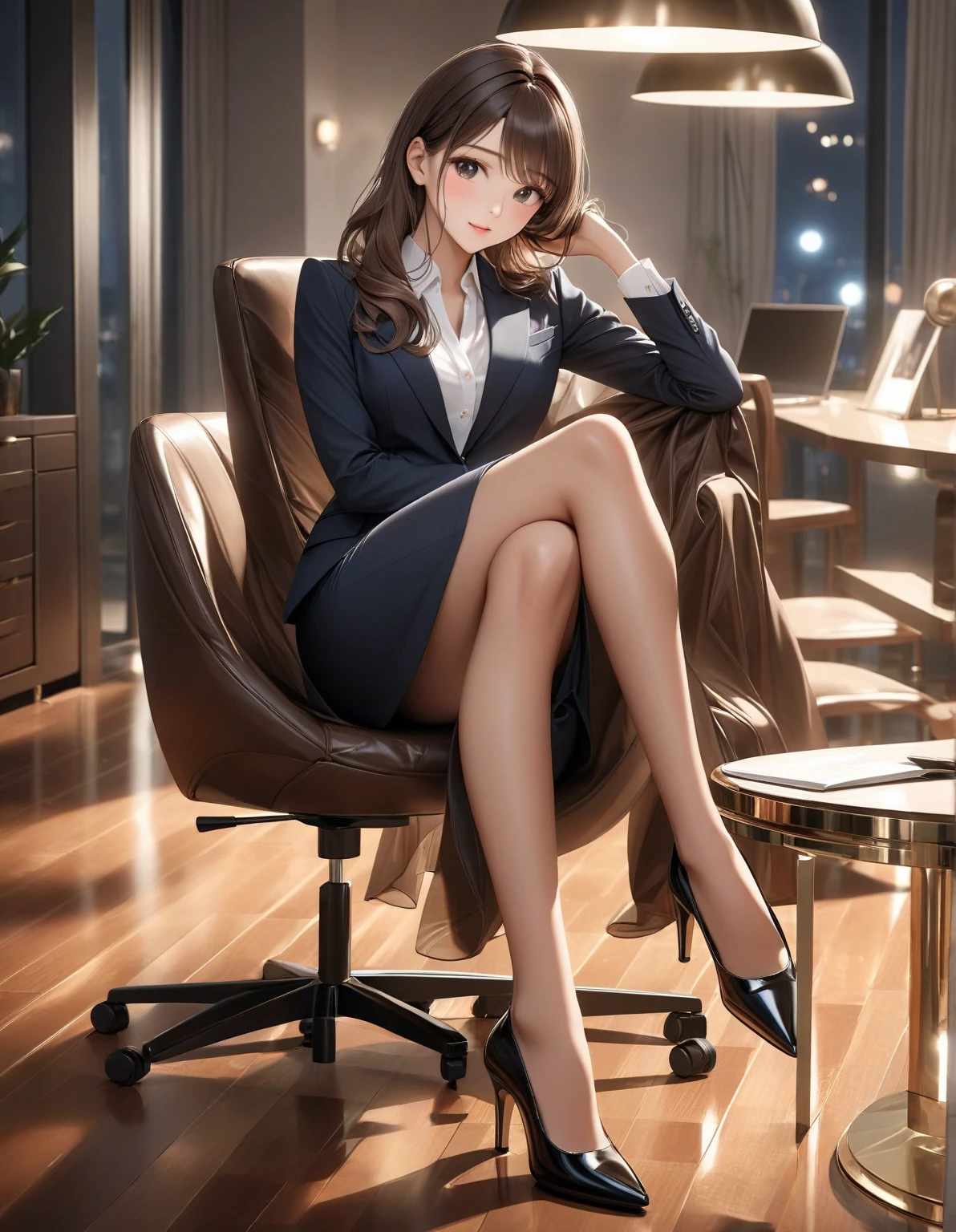 face is :9,1714884241], High-end elite secretary in a business shirt, Work in an office chair、Wearing a strict business suit, (Wearing pantyhose)、(Short Layer Hair)、crossed legs, Wear high-quality heels、 (thighhighs and skirt), Girl in a shirt, Wearing a business suit, Wearing a business suit, in a business suit, businesswoman, business outfit, wearing black business suit, Wear shirts and skirts., Woman in business suit, business outfit, business outfit, Raw foto, (8K、top-quality、​masterpiece:1.2)、(delicate detail:1.4)、(Photorealsitic:1.4)、octan render、Complex 3D Rendering, ultra-detailliert, Studio Soft Light (Studio Soft Light) (Studio Soft Light (Studio Soft Light)), Rim Light, vibrant detail, super detailing, realistic skin textures, Detail Face, Beautiful detail eyes, Highly detailed CG Unity 16k wallpaper, Makeup-, (Detailed background:1.2), Exposed thighs!!!, --auto --s2