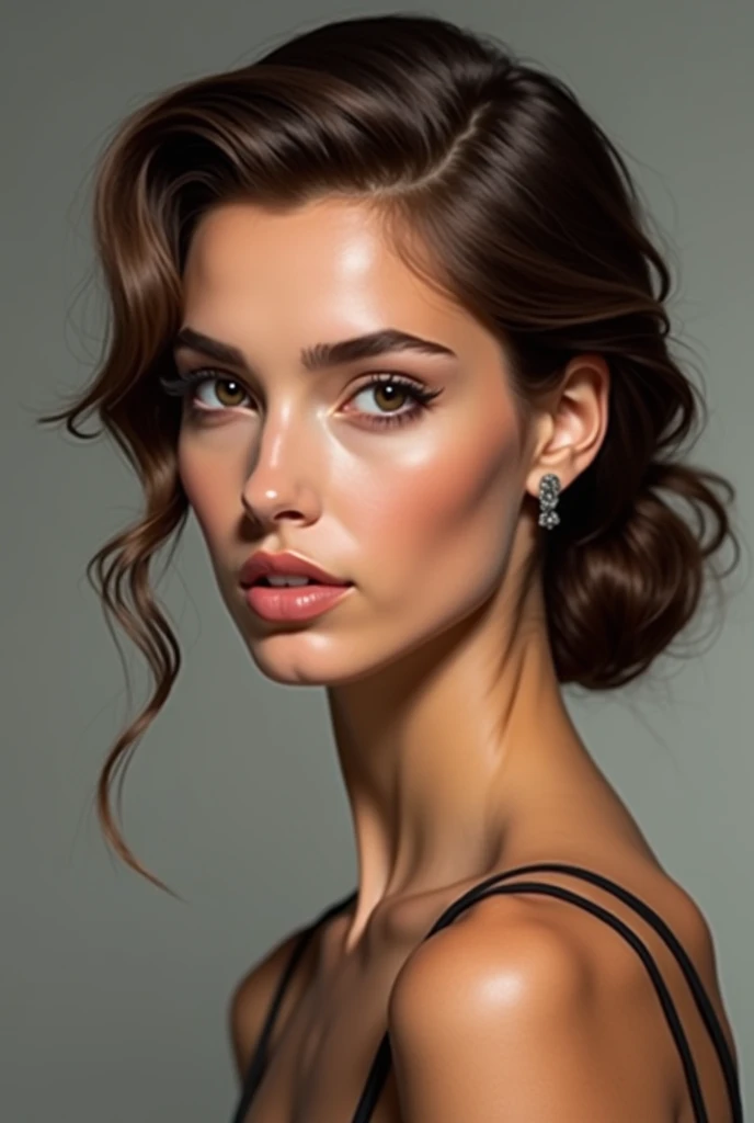 Create a picture of a sexy and seductive brunette, Not 20, You should be able to see the entire face and the whole photo realistically.
