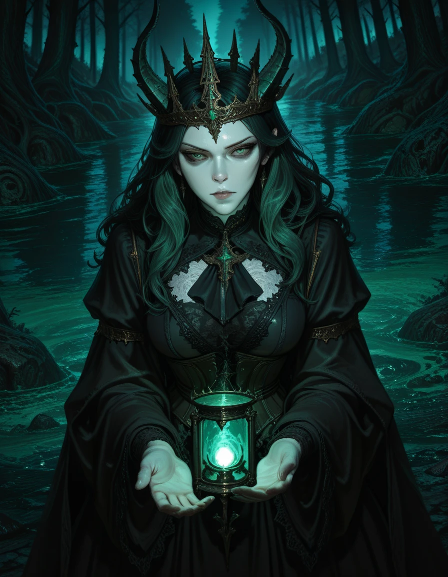a woman with piercing green eyes in a black dress holding an antique gothic style lantern, in front of a lake, full-length portrait, dark sorceress, dark fantasy concept art, gothic fantasy art, a beautiful sorceress, dark fantasy mixed with realism, dark fantasy art, dark and dark forest scenery, high resolution, 8k, oil painting, fineart, soft and finely marked details, stylized painting by John Waterhouse