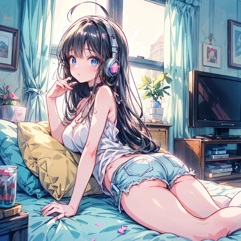 (Absurd:1.1, High resolution:1.1, 超detailed:1.1), 非常にdetailedな, 超detailed hair, (Fine grain:1.4), (Shining Eyes:1.3), thin, sad, positive, cute, Perfectly symmetrical face, narr○w waist, 超cute girl, 超cute face, 超cute, Super beautiful, Beautiful colors, merry (Yanmar gauge),From wlop,((Great quality)), (Beautiful legs), Lower body rest (Beautiful colors,detailed,Highest quality,Great quality,so beautiful), computer, Earphones, Jacket, Lighting and Shadows(perspective), Lighting particles, colorful, Masterpiece, Super stylish room,