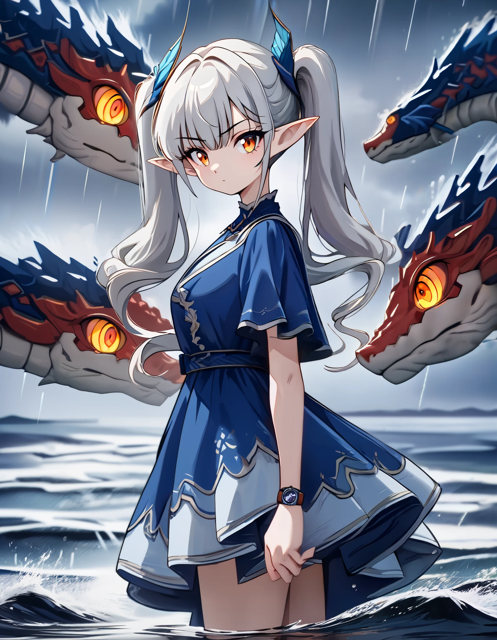 long silver hair 、Beautiful Girl with Twin Tails、art style, 1 girl, Alone, blue dress, watch viewers, storm, side view, Official Alternative Costume, orange eyes, pointy ears, Standing on the water, Sea Dragon in the Background, serious expression, graceful standing, Girl and Dragon Interact, Extremely Precise Face, detail eyes, Best Masterpiece, best quality, 8k,