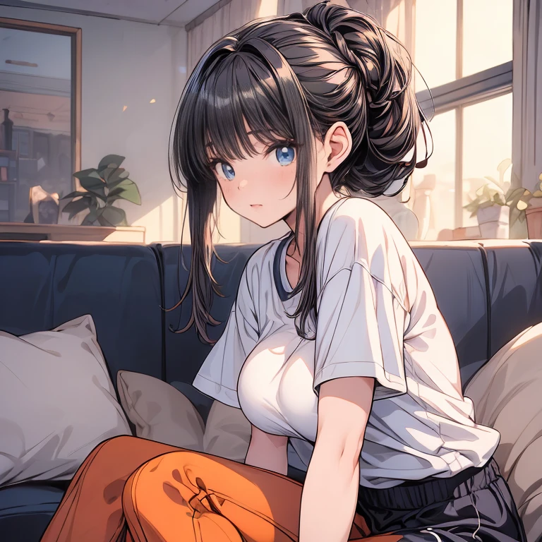 Amazing portrait of a young woman wearing white and orange striped t shirt and orange shorts and young boy wearing a navy blue t shirt and black shorts sitting on a bed together and kissing and making out passionately in a sexy and hot and lustful setting