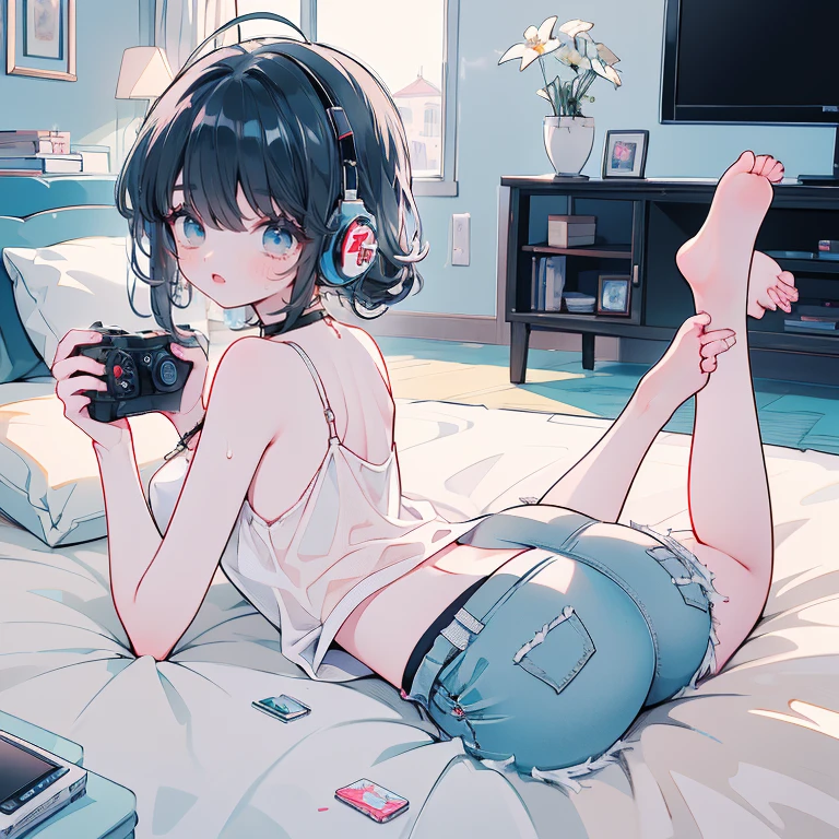 Full body anime kawaii character, beautifully detailed eyes and lips, long eyelashes, soft and elegant expression. A young woman with a slender and graceful figure, wearing a perfect, sexy and elegant thicc body nice sexy appeal, large breasts and butt. Her face is delicate, with gentle features and a serene aura. (Best quality, 8k, High Resolution, Masterpiece: 1.2) a sexy anime girl with denim shorts is lying on the bed and has headphones in, 1girl, solo, black hair, long hair, ahoge, glasses, shorts, lying, ass, holding game controller, controller, flat screen tv, on stomach, sweat, white top, denim shorts, breasts, from behind, short shorts, denim, choker, headphones, black choker, indoors, bare shoulders, headset, window, curtain, not looking at the viewer, looking at the tv, (masterpiece:1.2), (best quality:1.2), (very aesthetic:1.2), (absurdres:1.2), (detailed background:1.1), (masterpiece:1.2), (detailed clothes:1.2), newest, intricate details, ai-generated, uncensored