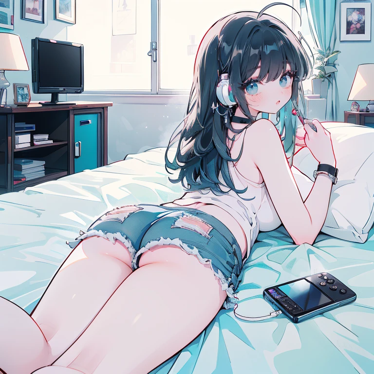 Full body anime kawaii character, beautifully detailed eyes and lips, long eyelashes, soft and elegant expression. A young woman with a slender and graceful figure, wearing a perfect, sexy and elegant thicc body nice sexy appeal, large breasts and butt. Her face is delicate, with gentle features and a serene aura. (Best quality, 8k, High Resolution, Masterpiece: 1.2) a sexy anime girl with denim shorts is lying on the bed and has headphones in, 1girl, solo, black hair, long hair, ahoge, glasses, shorts, lying, ass, holding game controller, controller, flat screen tv, on stomach, sweat, white top, denim shorts, breasts, from behind, short shorts, denim, choker, headphones, black choker, indoors, bare shoulders, headset, window, curtain, not looking at the viewer, looking at the tv, (masterpiece:1.2), (best quality:1.2), (very aesthetic:1.2), (absurdres:1.2), (detailed background:1.1), (masterpiece:1.2), (detailed clothes:1.2), newest, intricate details, ai-generated, uncensored