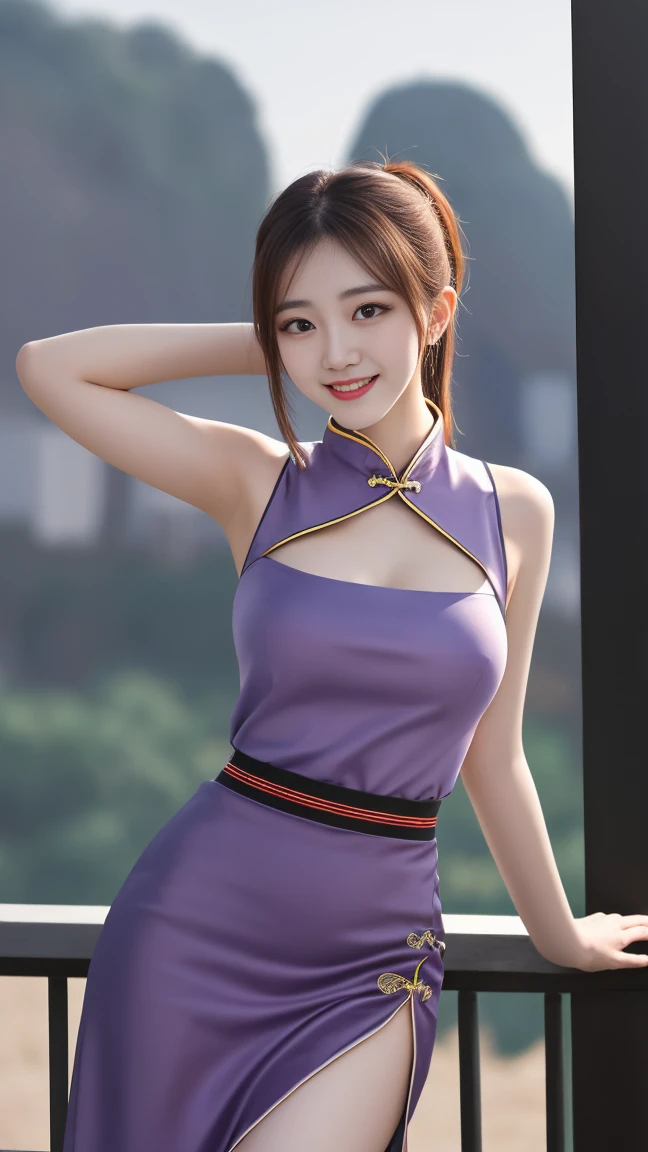 absurdres, high quality, detailed, (solo:1.3), closeup portrait,a high resolution photo of chichi_dbz, standing, solo, large_breasts,Purple_Dress_Orange_Neckerchief, masterpiece, best quality, detailed face, detailed eyes, highres,cinematic, atmospheric, 8k, realistic lighting, shot by Hassleblad H6D, Zeiss, Kodachrome, nikon, 50mm 1.2 lens, Octane Render, unreal engine 5, Adobe After FX, highly detailed, intricate detail, asian female, smile