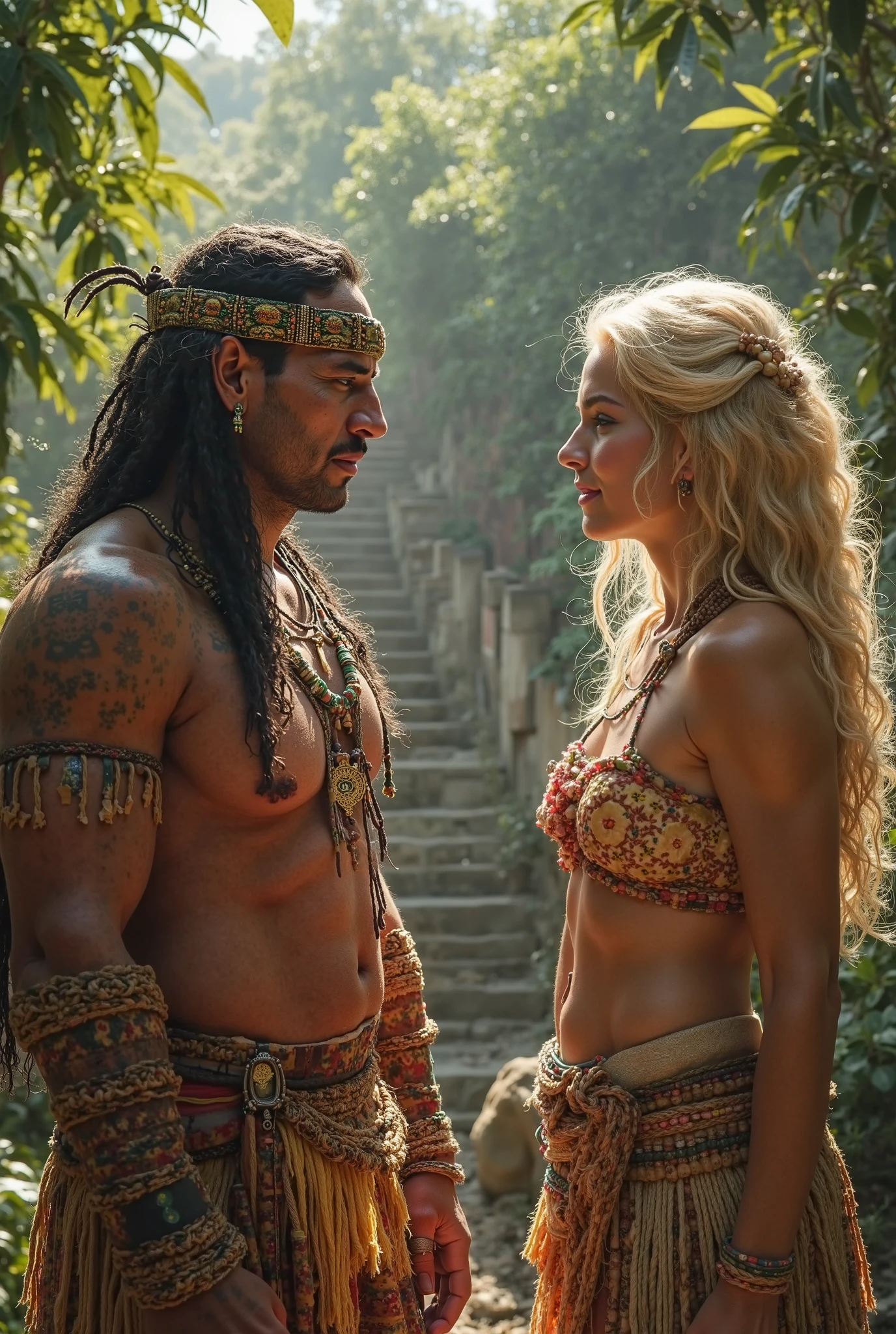 a man and a woman, a muscular african-american man in a he-man cosplay, his white girlfriend with a small bust dressed as tinkerbell, photorealistic, cinematic, 8k, best quality, full body shot, detailed facial features, high-definition, vibrant colors, dynamic lighting, intricate costume design, realistic skin textures, volumetric fog, dramatic pose, fantasy setting, studio lighting