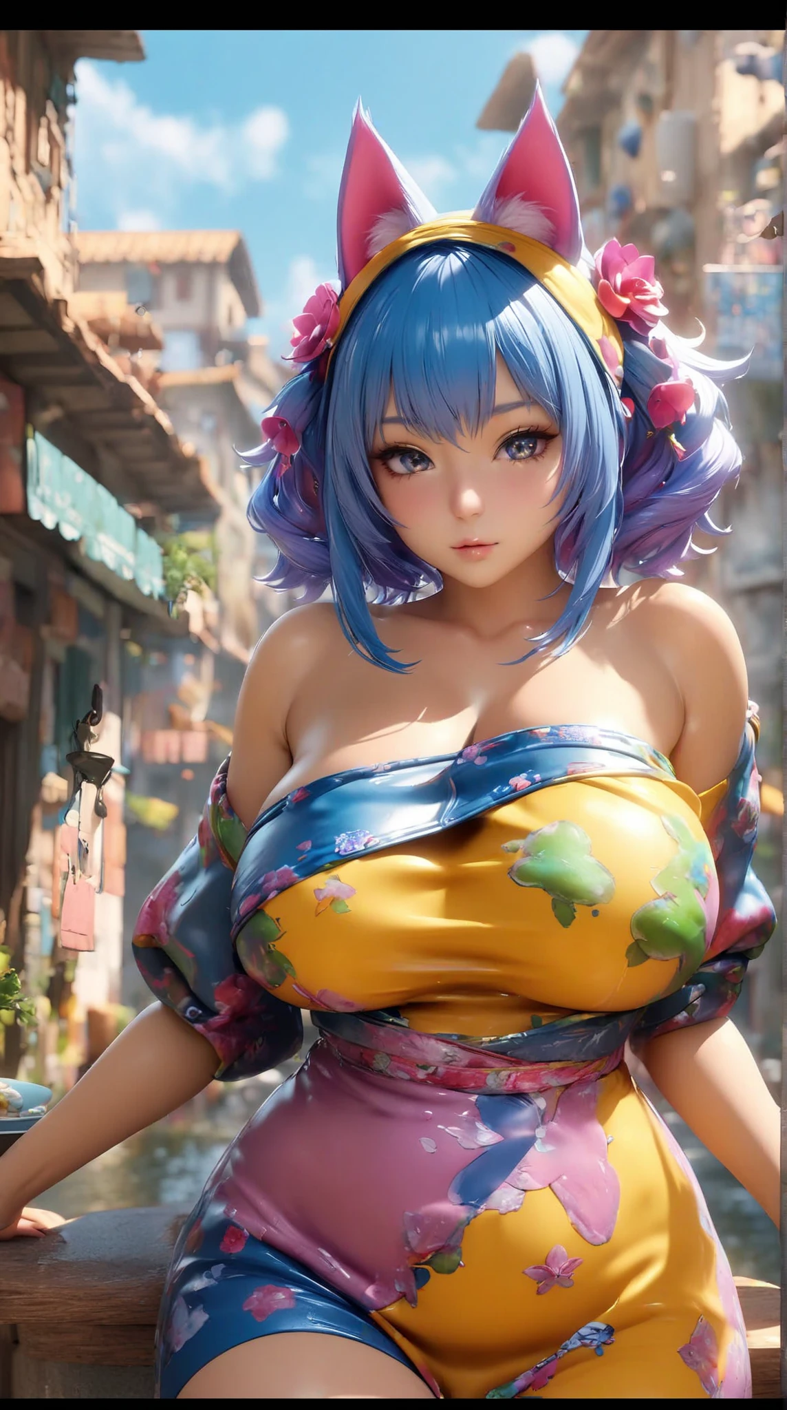(Masterpiece, BestQuality:1.3), (ultra detailed:1.2), (hyperrealistic:1.3), (RAW photo:1.2), High detail RAW color photo, professional photograph, (Photorealistic:1.4), (realistic:1.4), professional lighting, perfect ???????, (Big Breasts:1.2), (blush, detailed face), (cheerful Smile:1.5), (Blue Hair:1.5), Trending Hair&Trending Hairカラーをランダムに, earrings, necklace, bracelet, sexly, ?????? sexly, Random sexy gravure poses, (A woman in a sexy red dress in the city at night、Smiling for the camera。With long curls、One leg is slightly raised。: 1.3)