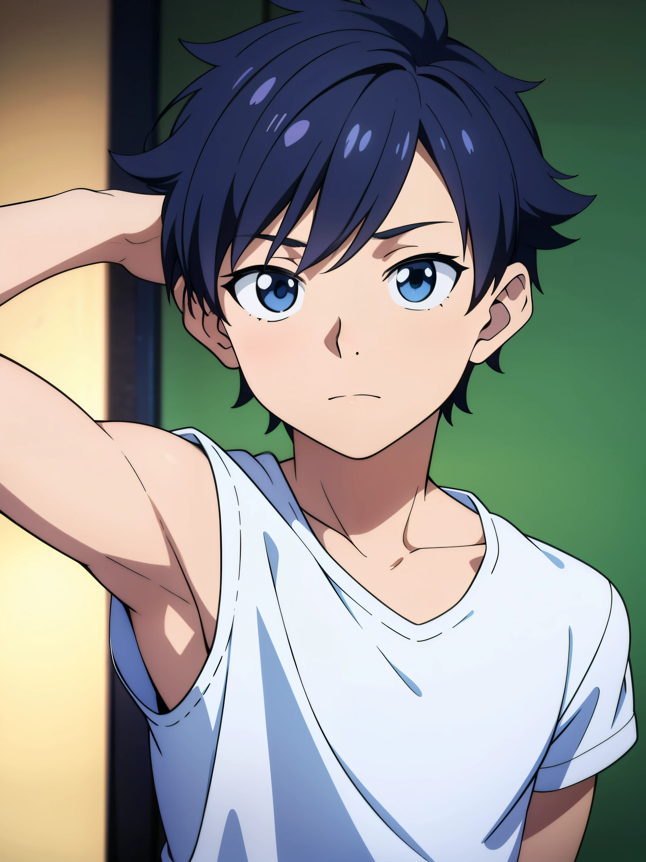 high-quality, masterpiece, 1boy, Boy, Shota, cute face, a boy is showing off his armpits, anime, detailed portrait of a young anime boy with a cute and innocent face, wearing an open shirt revealing his armpits, looking shy and bashful, surrounded by a soft, atmospheric background, 8k, highly detailed, photorealistic, studio lighting, vivid colors, cinematic composition