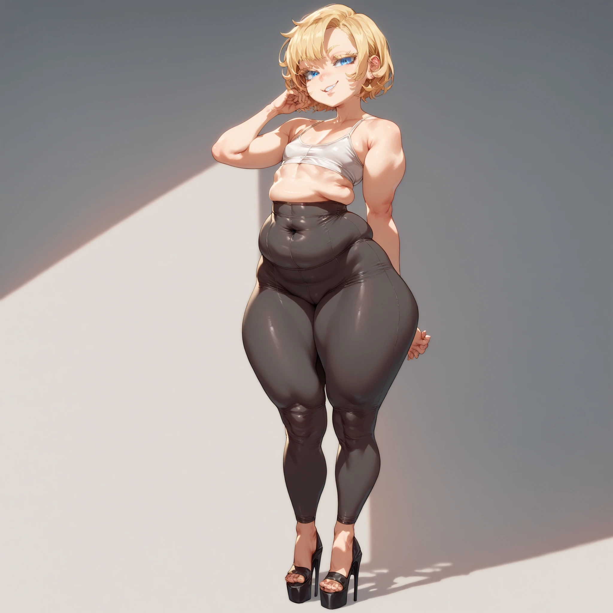 Score_9, score_8_up, score_7_up, source_anime, 1girl, solo, bbw, on stage, pale, mature female, milf, wearing a black color t-shirt with a picture of a skull on it, green eyes, blonde hair, wearing a black color long latex pants, wearing high spiky boots, standing, full body, 