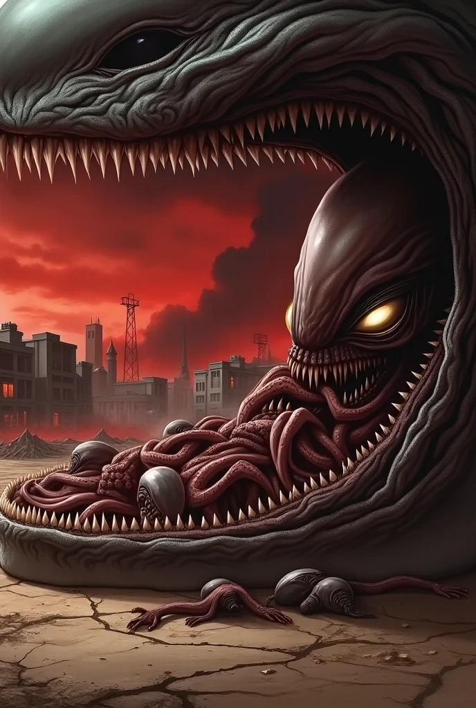 a brain with a large mouth. the brain has tentacles. The brain has sharp teeth. it is sunset in a large city. The city is on fire.