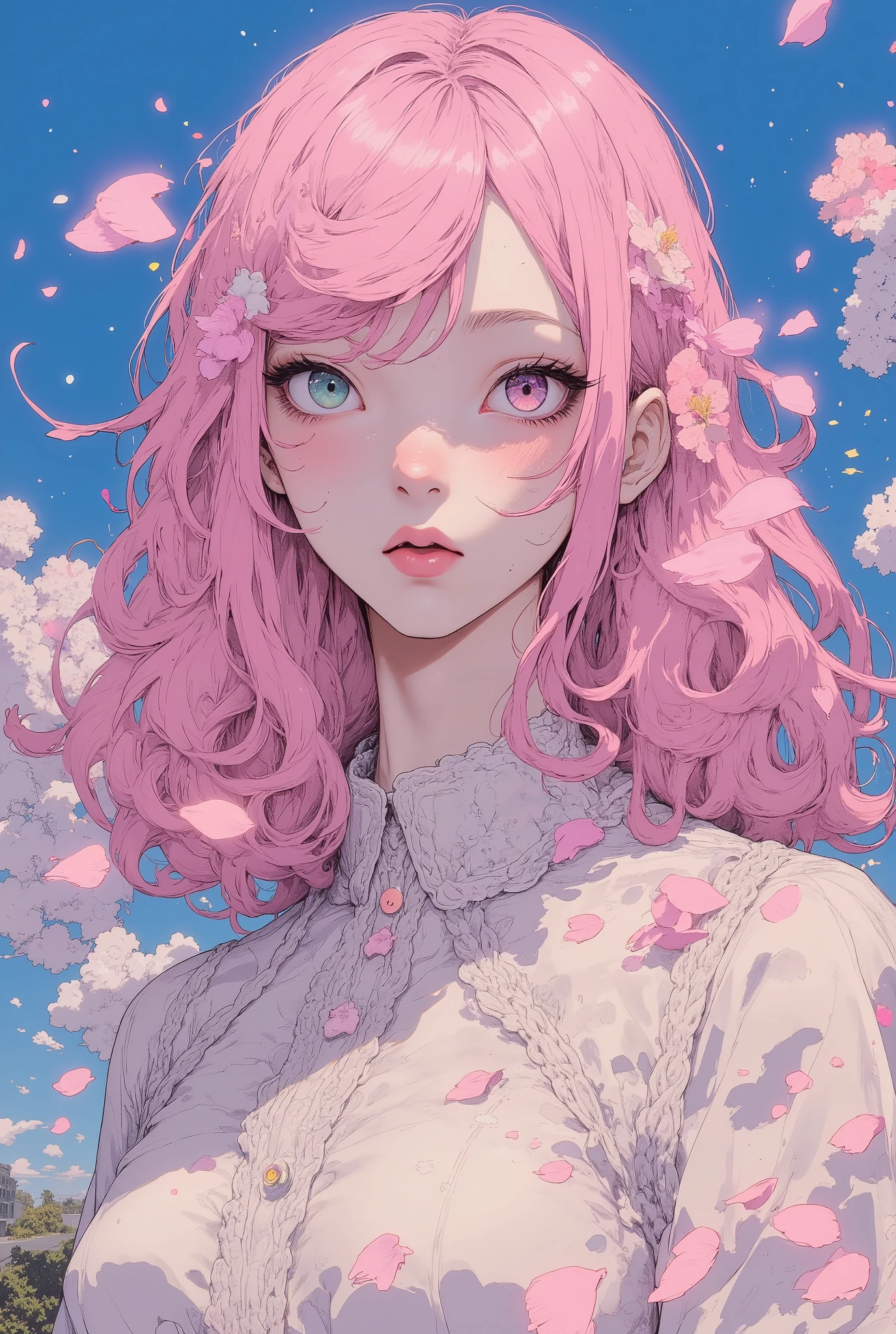 (((dramatic angle))), (((Macro))), (close up shot:1.8), Ultra-realism, ((Pupil details, gradient eyes)), thick lips, 1 girl, soft pink medium length hair, beautiful detailed, beautiful hair, high school girl, (cherry petals:1.3), high quality, High Definition model, high detail, High contrast, (((The textures are soft))), ((matte and toy-like with a handmade premium look)), (((Tim Burton style))), anime style, simple lines, (intricate details:1.1), backgrround : blue sky,