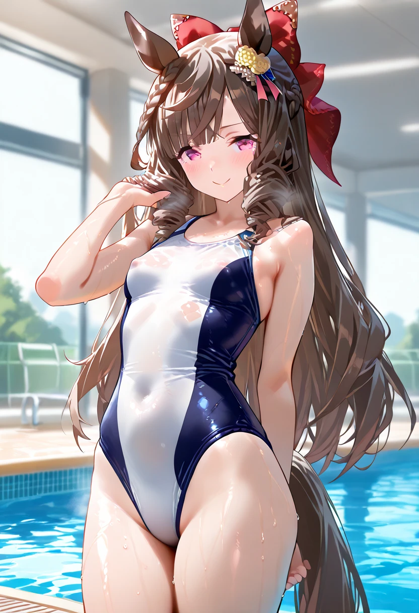 2boys ai_generated blonde_hair blush breasts dark_skin ear_piercing embarassed female gyaru imminent_rape long_hair multiple_boys not_a_shark outdoors piercing pool poolside school_swimsuit stable_diffusion standing swimsuit tan tanned wet