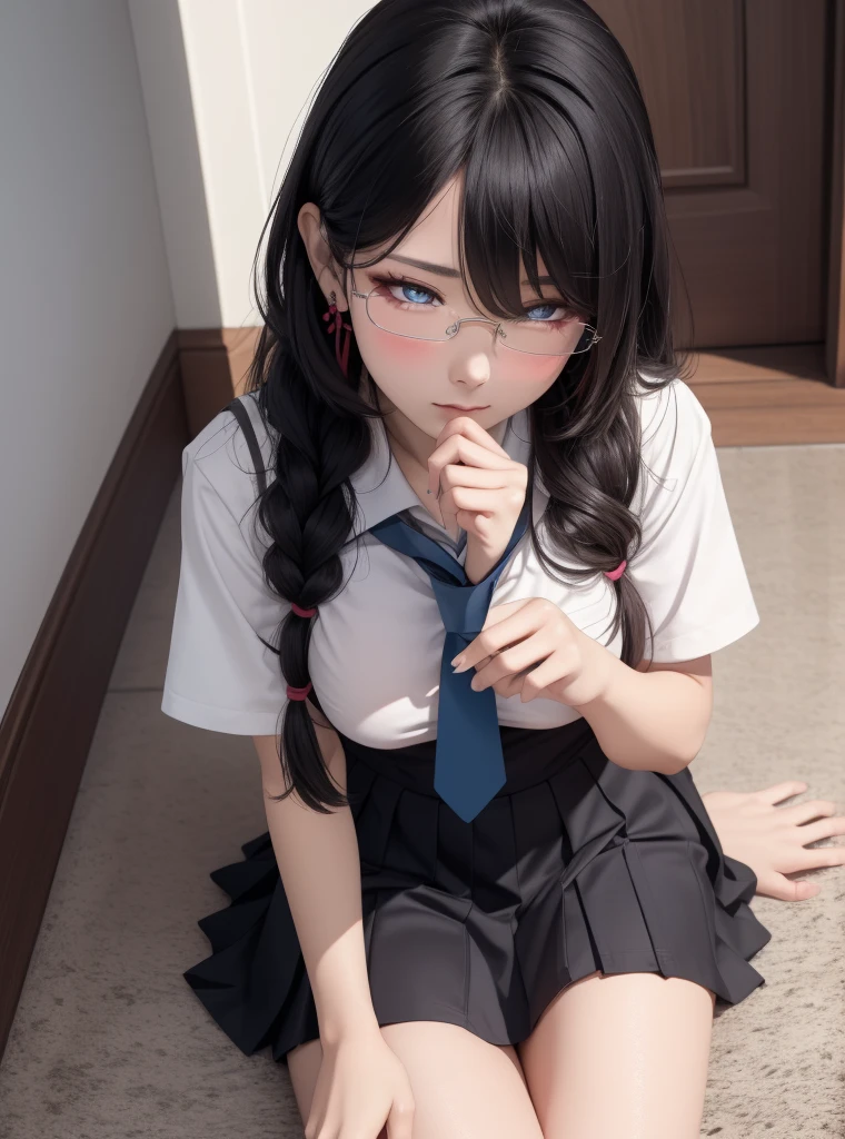  (highest quality:1.4), (High resolution:1.2), Sharp contours, Long Hair, highest quality, masterpiece,Glasses,Voice of the Heart,yandere,Full Body Shot,20-year-old woman,yandere,Big Breasts,Ecstasy,saliva,blush,Squint your eyes,Heterochromia iridis,Tuck up your clothes,