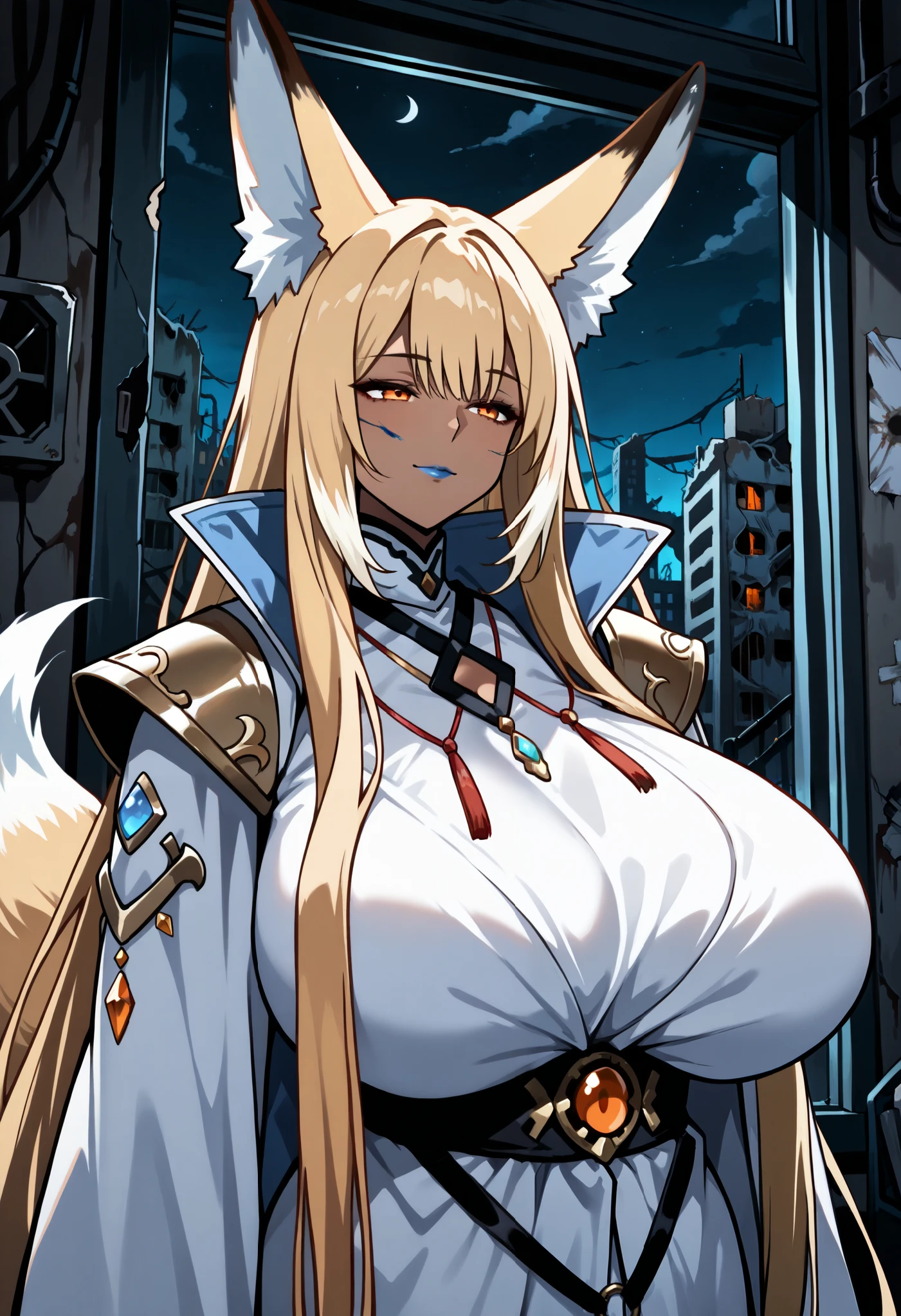masterpiece,best quality, ultra detailed, elegant, 4K,amazing quality, 1girl, milf, solo, plump, voluptuous, kitsune, (colored skin, dark brown skin:1.3), vulpisfoglia, (huge breasts), (((blonde hair), very long hair, bangs, long sidelocks, orange eyes, floppy fox ears, ears fluff, fox tail)), blue lips, ((shoulder armor, high collar, white clothes)), ((motherly, light smile), closed mouth), ((abandoned city, window, dark, night))