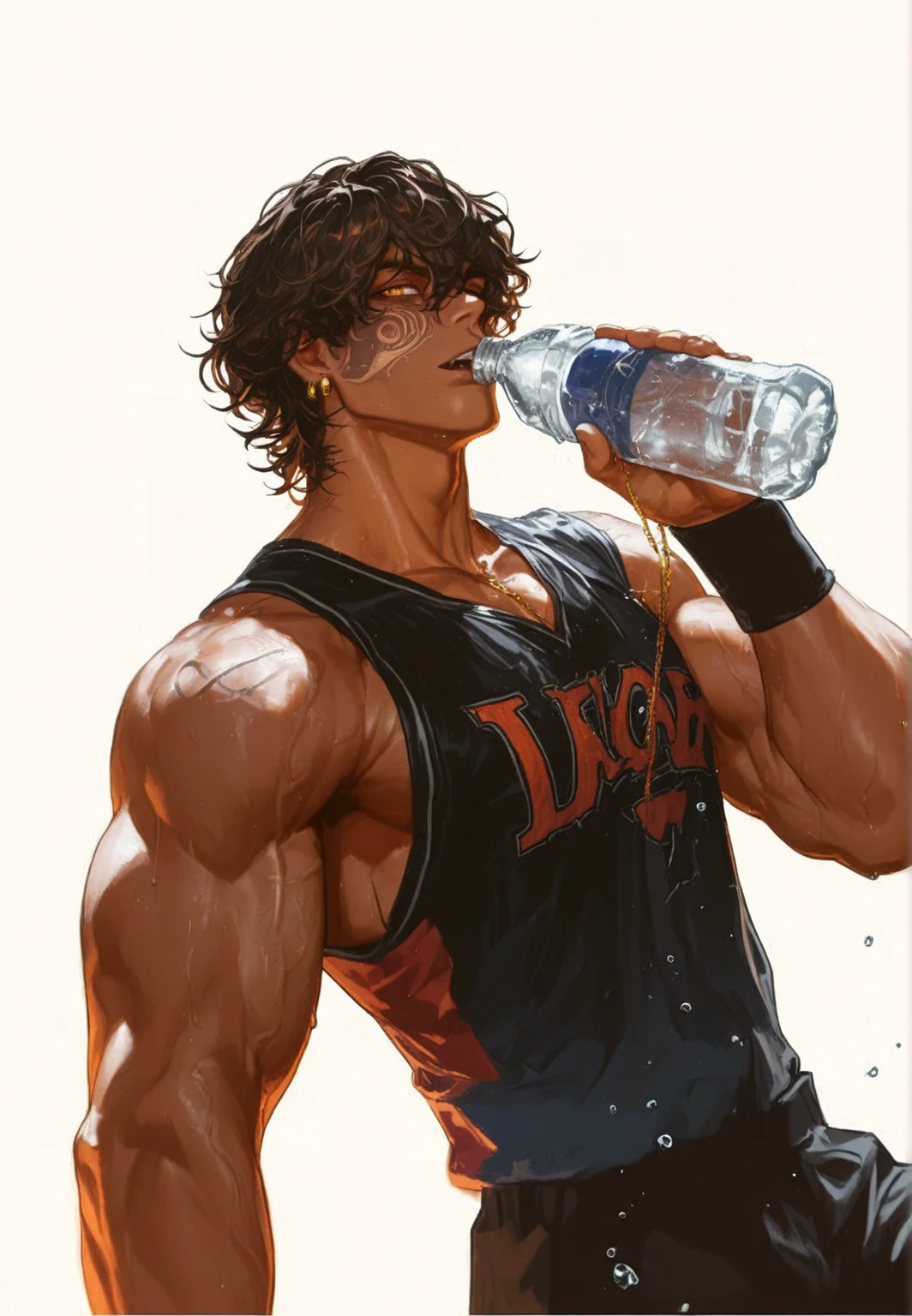 Ultra detailed illustration, (( young man in Roberto Ferri style, Latino, slim toned fitness body, defined muscles, perfect anatomy, short black wavy hair, Roman nose, thin lips, square chin, diamond shaped face, barefoot, shirtless, wearing orange shorts, standing smiling starting to the camera, in intense colors oil painting) (watercolors soft neutral colors background, you can see an ultra intrincate detailed sea oil plataform ) evokes masculine hard work and confident