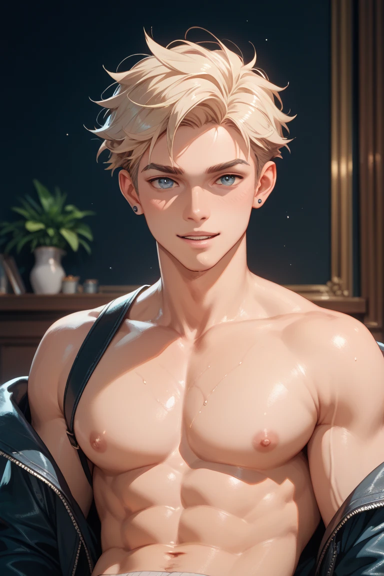 Boy, white hair, blue eyes, sharp features, serious, white skin, pink lips, shirtless