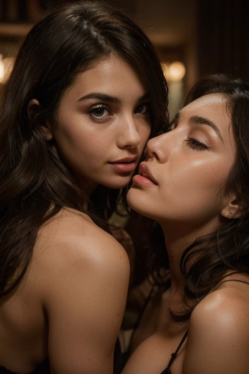 Beautiful Lighting, (1girl: curly hair, short hair), black choker, tan skin, freckles, twoheads, in bed, laying on back, full body, minimal clothes((heads looking at each other, shocked reactions))
