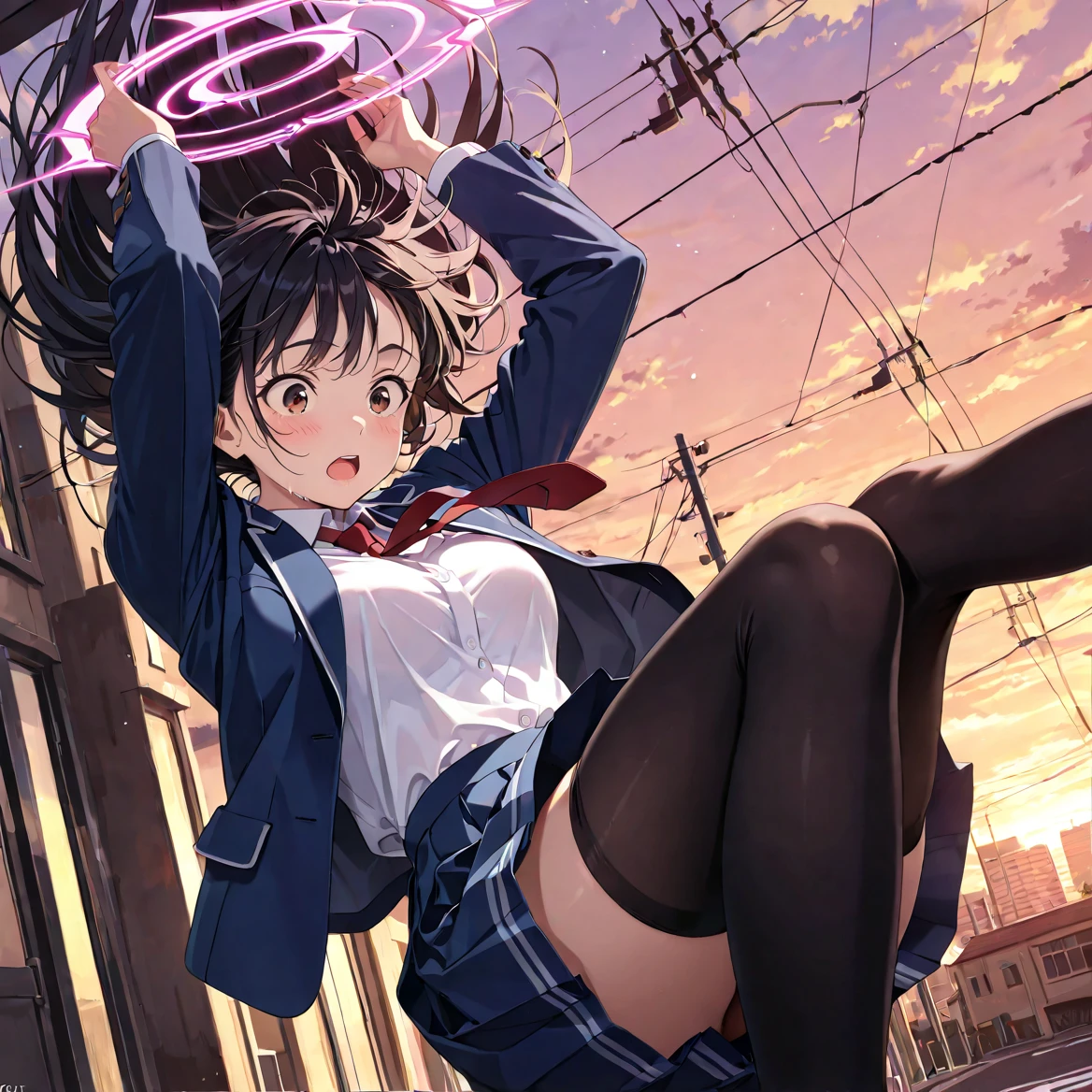 Highest quality,Highest Resolution,Woman jumping off a skyscraper,Night city falling upside down,
