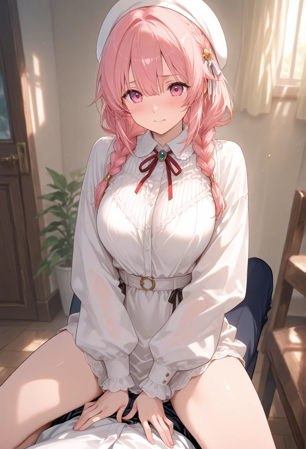 (masterpiece, best quality:1.2), cowboy shot, solo, 1girl, sakuragi hinako, slight smile, looking at viewer, arms behind back, bangs, low twintails, hair ornament, , serafuku, long_sleeves, no_pants, panties, white_panties, cowboy_shot