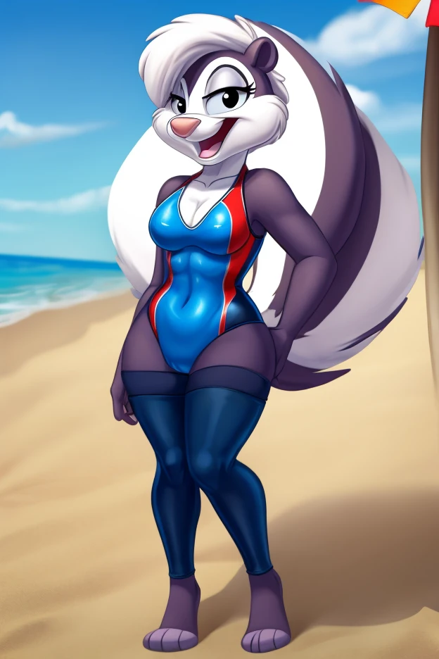 sabrina, uploaded to e621, female,  anthro, skunk girl, tail, black eyes, glasses, (japanese woodprint ukiyo-e style:1.2), medium breasts, (blue bikini:1.1), detailed female face, detailed eyes, outdoors, beach, solo, detailed fluffy fur, (high detail) (airbrush:1.1), detailed expressive eyes, standing, cute pose,