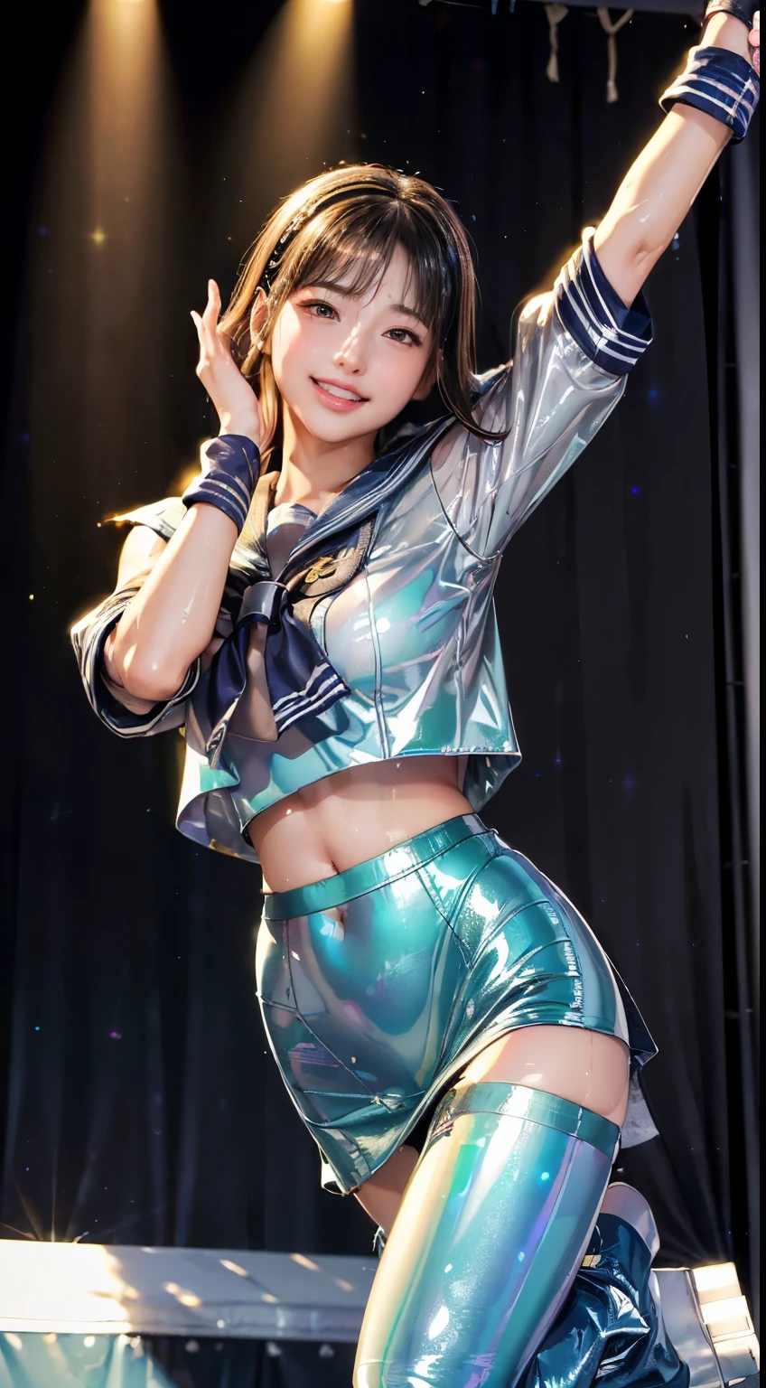 1girl, super beautiful girl, dream girl, wearing a one piece swimsuit, ulzzang, dancing, in the background a party, lightning in the sky, ultra details, ultra realistic, cinematic , octane render, 16k