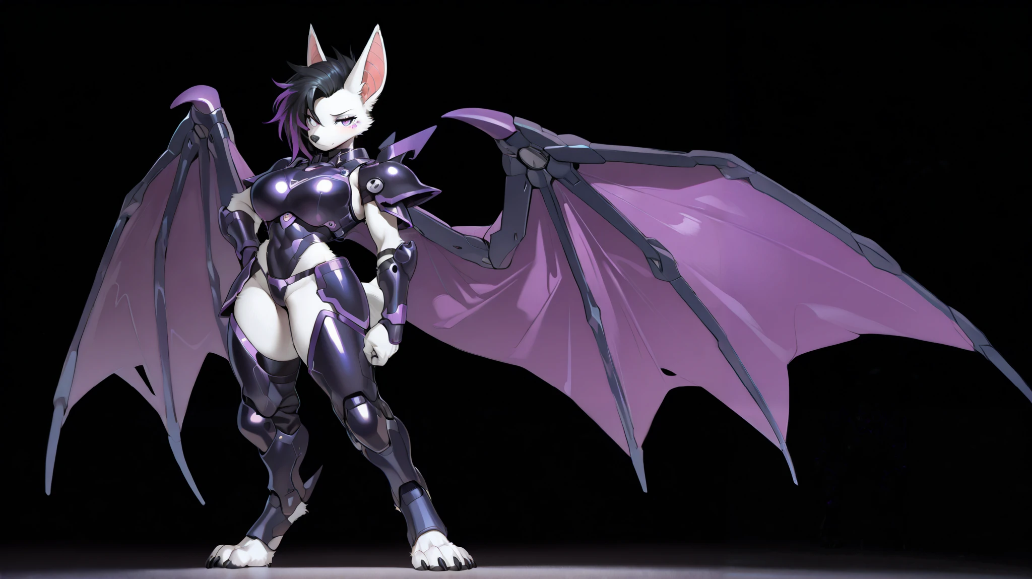 masterpiece, best quality, anime shading, full body picture, athletic body type, centered, three quarter view, 1girl, single view, anthro, furry, fox female, ((white fox)), ((bat ears:1.5)), purple eyes, white fur, white skin, ((shoulder length black hair with purple highlights, undercut hair)), standing, amused  expression, tall with large breasts, large black and purple wings, ((dragon wings on shoulders:1.5)), white paws, black claws, black nose, digitigrade legs, digitigrade paws, big foot paws, ((wearing black mecha armor with purple trim)), ((cybernetic chest armor)), ((hip armor)), ((solid black background)), score_9_up, score_8_up, score_7_up, score_6_up, score_5_up, score_4_up, (safe content)
