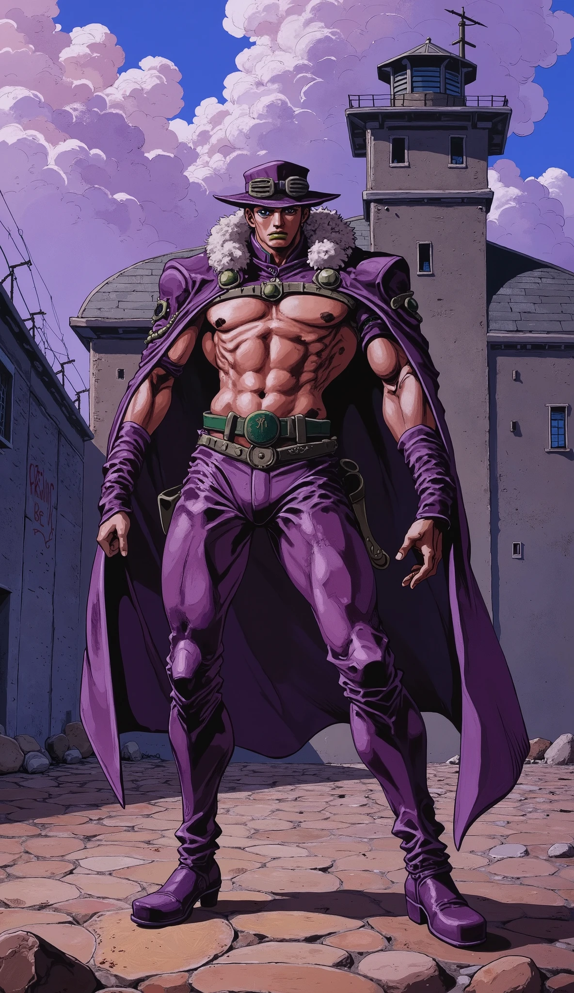 "A Character from JoJo's Bizarre Adventure in iconic anime style, with exaggerated muscles, dramatic poses and an extravagant outfit. The scene shows an intensive battle in a prison yard with high walls, Barbed wire and dramatic shadows. The style is vivid , dynamic and highly detailed, with 8K quality and perfect lighting."