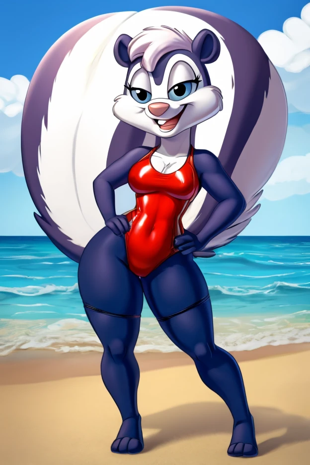1girl, MinervaMinkCzar,(peludo, furry female, corpo inteiro), (orelhas de animais, cauda longa, cauda loira, focinho, franja varrida, cabelo longo, cabelo loiro, maquiagem, olhos pretos, sombra azul), bikini, botas altas, luvas, 8k, alta qualidade