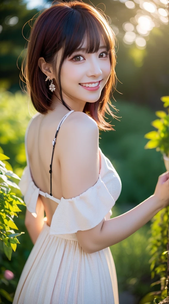 ((最high quality, 8k, masterpiece: 1.3)), (close:0.75), Realistic, Sharp focus, high quality, High resolution, Portraiture, Portraiture, Asian Beauty,Japanese women with huge, prominent breasts、12 years old、Tan Skin、Idol、Chubby body type、Her breasts are incredibly large (Hide your crotch with a rose), ((Very strong sunlight)),10Teen Idol Nude Photoshoot、 smile, Brown hair short bob cut, Standing by the hotel window、Cover your crotch with your hands