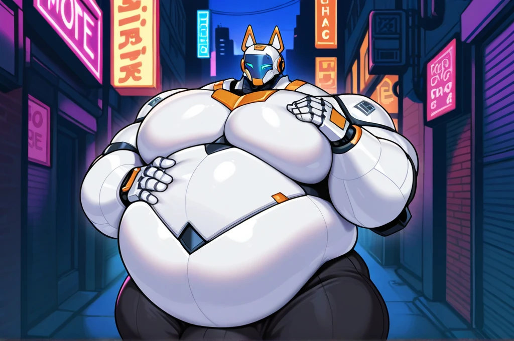score_9, score_8_up, score_7_up, score_6_up, robot, cyborg dragon, robot joints, 8rj, anthro, muscular, overweight, solo focus, standing, crossed arms, looking at viewer, [[looking pleasured]], embarrassed, white body, small penis, flaccid, balls, excessive cum, cumshot, cum on self, nude, tail, street, outside, crowd
