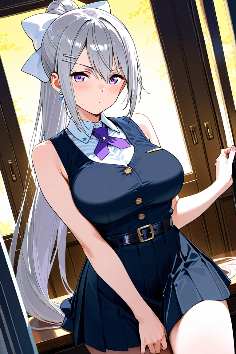 (((masterpiece))), ShizukaMikazuki, One Girl, alone, View audience, Long Hair, Gray Hair, Long sleeve, Cleavage, Large Breasts, Mature Body,clavicle,,  blue eyes, High Ponytail, The look of temptation,Embarrassed face, Japanese high ,  , Blouse with collar,Navy blue mini skirt, Navy blue head ribbon, Laugh shyly,Gymnasium at dusk, Close-up of a face