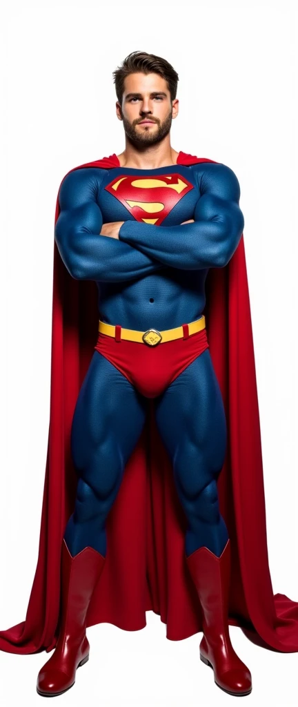 A realistic 3D male model in full body composition, wearing a full body hero suit and cape in the pattern of a professional baseball uniform, a very short haired, crew cut, cool, dandy-like, veteran-aged man with a shiny, sparkling blue cape that is longer than his body, gloves and a cap are always worn, an original hero, only the eyebrows, eyelashes and eyes are visible, his mouth is bandaged and sealed, the upper half of his face is bare with a sharp gaze, he has six pack abs, a muscular macho man with a sturdy body, he has both legs closed, his hands are clasped behind his back in an X shape, his whole body is bound and sealed with duct tape and he is held down. He has collapsed from exhaustion and is sleeping with his eyes closed. A coat of arms, in a dark room background, his whole body facing forward, backward, left and right (north, south, east and west), an image of him being restrained and mummified.