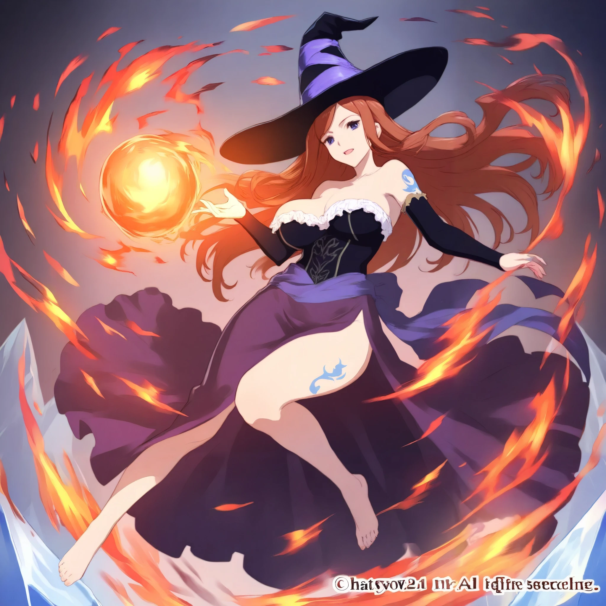 (((masterpiece))), (((best quality))), illustration, single character, game character, rpg character, female character, female necromancer. tall torso. athletic girl. skimpy. dark-blue dress with golden details and lines, long dress leg open. exposed legs. leather bracers. huge open cleavage, big gem necklace. tiny breasts. small titties. wide hips. perky butt. up turned hips. wavy short hair. flowing orange hair, olive eyes, sexy face expression. laughing smile. open hooded black cloak. orange hair. action pose. cosmic background, flat color background, anime character, 8k, awesome quality
