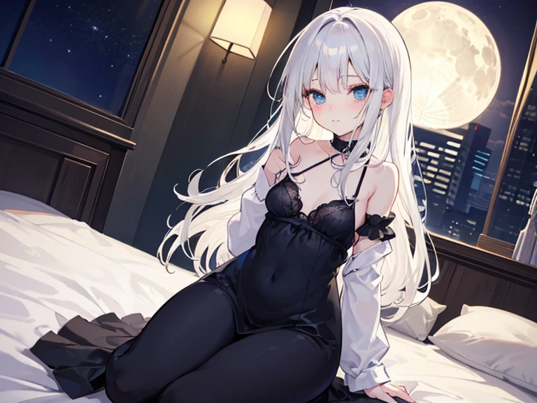 High resolution, highest quality, illustration, cinematic light, ultra-detailed face, (detailed eyes), best quality, ultra-detailed, masterpiece, (detailed face), 1girl, girl, white hair, purple eyes, highest detail, glowing eyes, medium breathing, sitting on the bed, sitting, bed, window, night sky, lake outside, moon, full moon, backlight, light, (high contrast), (color),