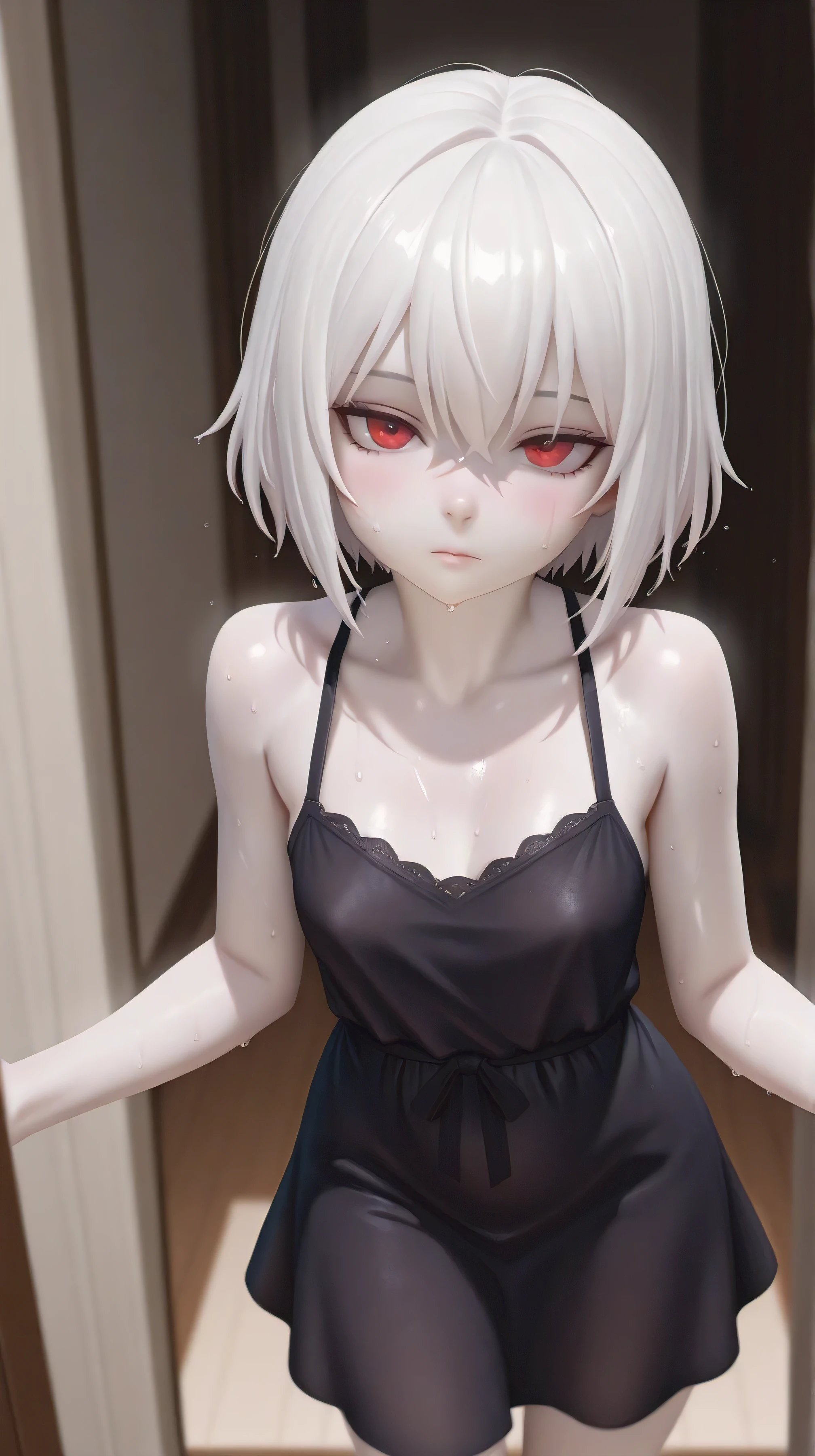 masterpiece, best quality, detailed, textured skin, pov, 1girl, solo, gardevoir, white hair, red eyes, white skin, porcelain skin, jealous, standing, in a pool, sports bra, pregnant, black lace lingerie, clothes with transparencies, medium breasts, skimpy panties,