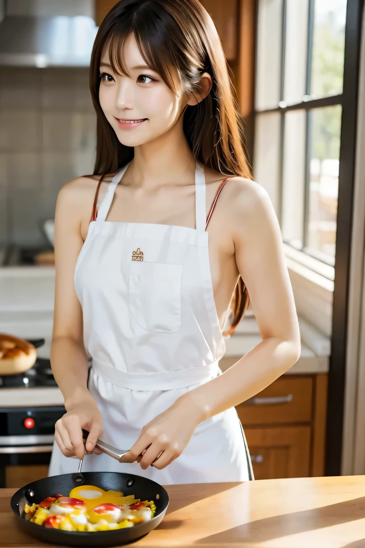 A cute Japanese woman is wearing a white apron and cooking in the kitchen。holding a frying pan and baking a fried egg。The kitchen has a Western-style design。side shot。looking at the camera and twisting her head。 Soft light in the morning 。