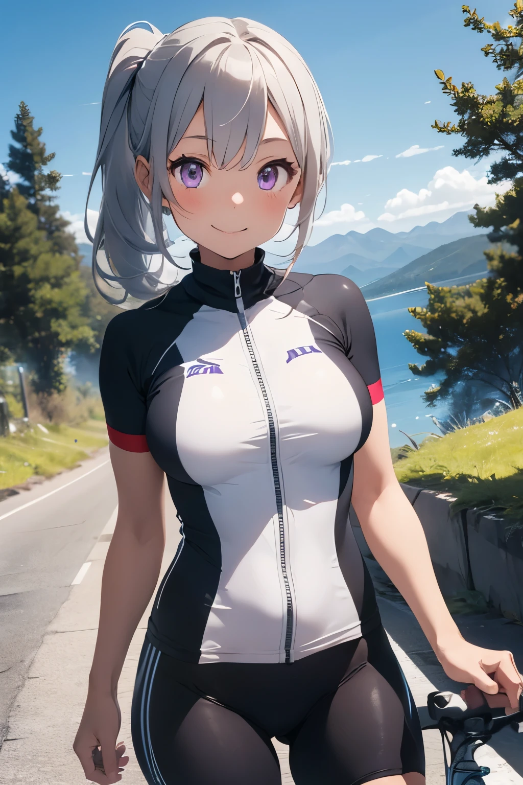 silver bob、 1 girl, (((best quality)), ((masterpiece)), (details), masterpiece, best quality, high quality, super detailed, perfect face, ((1 girl, Blue eyes, Cat ears: 1.3 silver bob: 2.5,)),Shiny Hair、Shiny skin、smile、Alluring expression、Outdoor、cycling、Ride a mountain bike、Mountain trail、sunny、