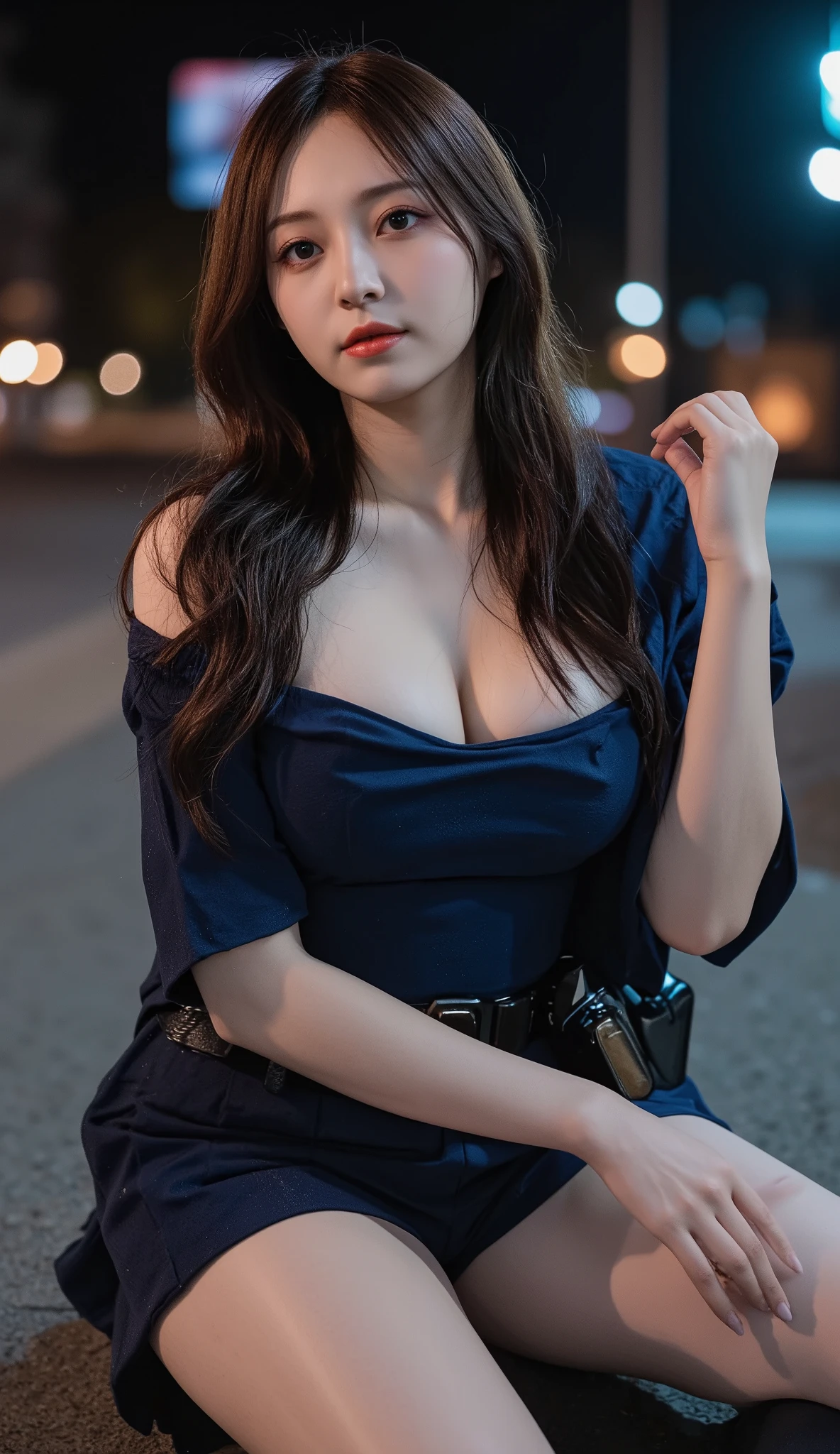 1 female police officer,( tight, I'm wearing a police miniskirt:1.5),( RAW photo , Best Quality ), ( exist, photo- exist:1.4), masterpiece, very delicate and beautiful, very well detailed , 2k wallpaper, wonderful, Detailed Explanation , very well detailed CG unity 8k wallpaper, Super Detail , high image quality , Soft light, Female Cop Outfit 、 human anatomically correct、young and perfect breasts of a 22-year-old woman,VERY OPEN CHEST, Makes Unbelievably Sexy Cleavage Look Deep, You can tell from my shorts that the incredibly short police officer miniskirt , very well detailed eyes and face, beautiful, detailed nose , beautiful eyes down to the smallest detail , same height as cinematic lighting , night view, slender body,( incredibly big young and natural breasts ), Perfect big breasts :1.5, full body:1.8, (Amazingly sexy thighs) , thighs emphasized、long legs、(I'm wearing black knee-high socks),toned body、incredibly sexy waist、curvy beauty、 Random Sexy Poses , seduce me with her horny look,so short you can see my shorts from the miniskirt