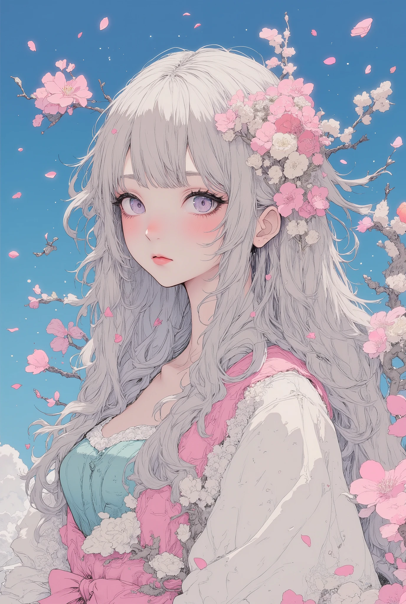 (((dramatic angle))), (((Macro))), (close up shot:1.8), Ultra-realism, ((Pupil details, sparkling eyes)), thick lips, profile, (((side view))), from side, (((looking up))), 1 girl, soft silver medium length hair, beautiful detailed, beautiful hair, high school girl, (cherry petals:1.3), high quality, High Definition model, high detail, High contrast, (((The textures are soft))), ((matte and toy-like with a handmade premium look)), (((Tim Burton style))), anime style, simple lines, (intricate details:1.1), backgrround : blue sky,
